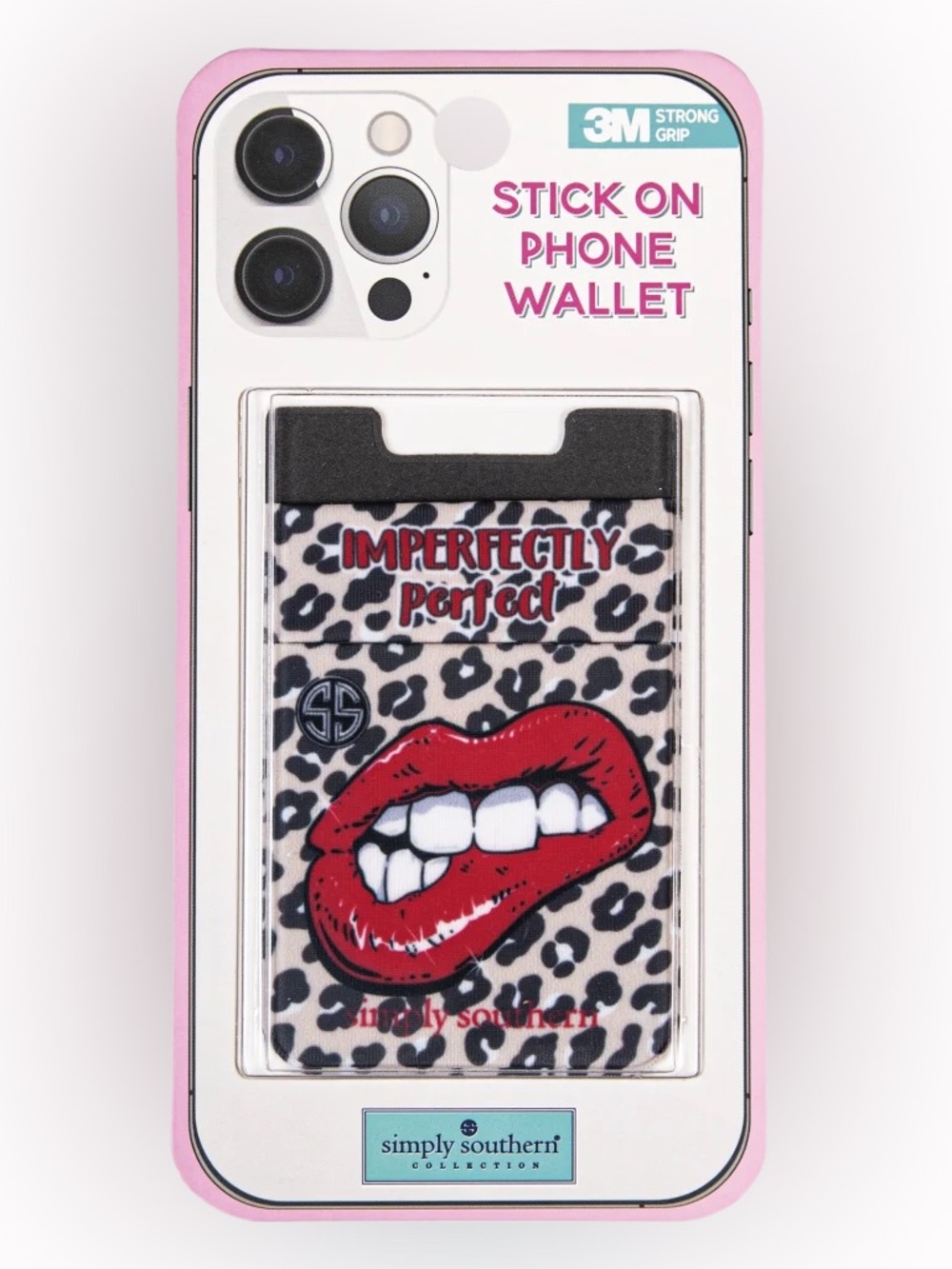 Simply Southern Pink Leopard Stick-On Phone Wallet with Red Lips Graphic